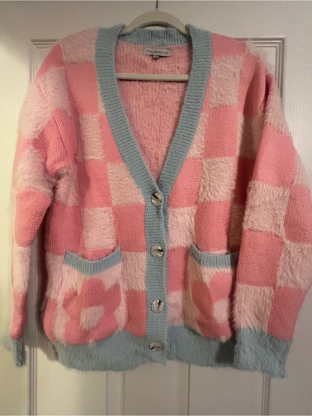 Soft Pink Checkered Cardigan with Light Blue Trim